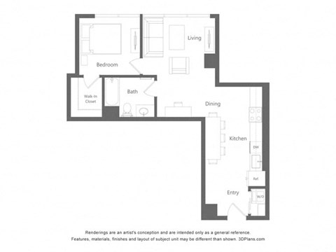 Floor plan for 1 bed, 1 bath, 711 sqft